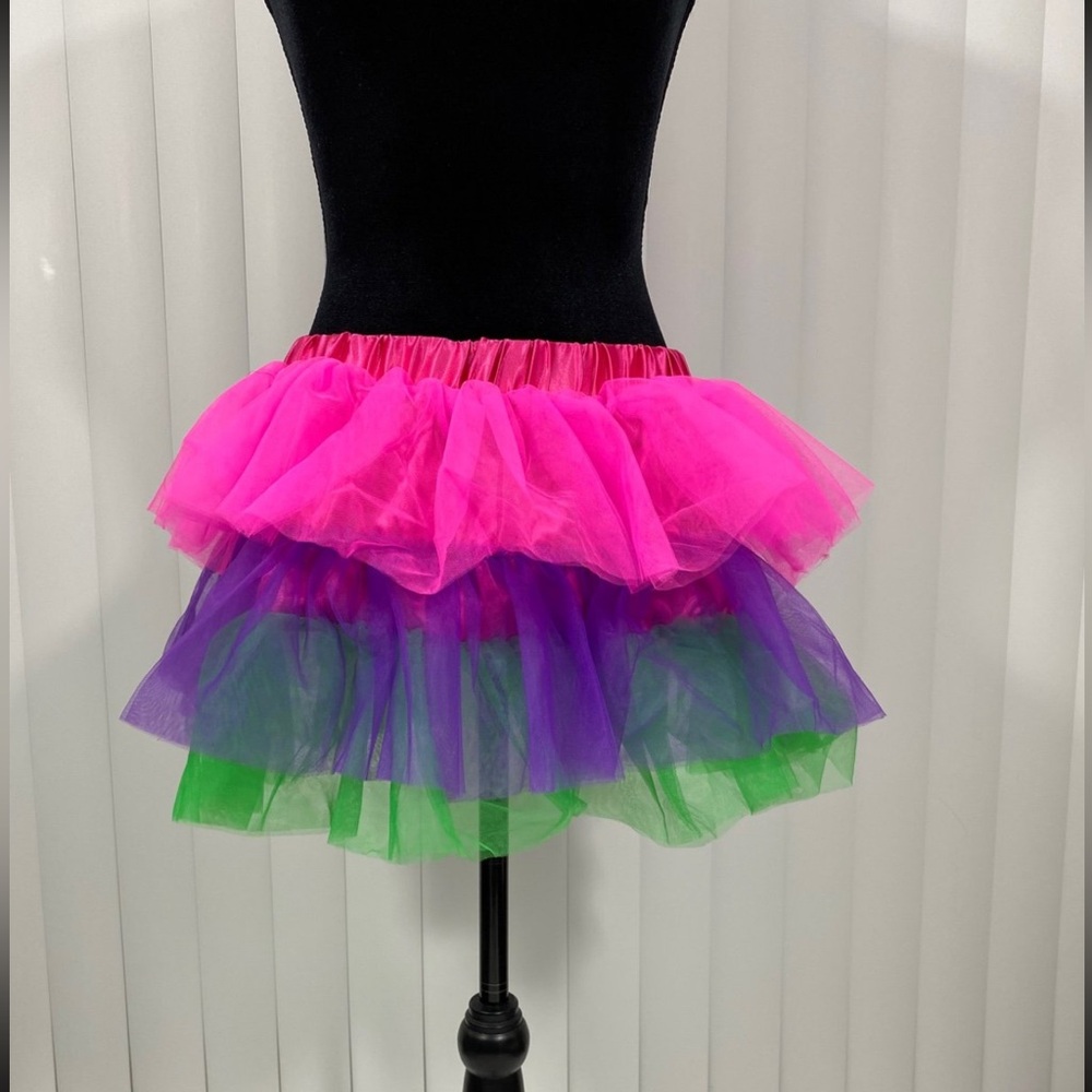 CLUB EXX Tulle Mesh Layered Ruffle Mini Skirt TuTu Rainbow Pink Purple Neon XL